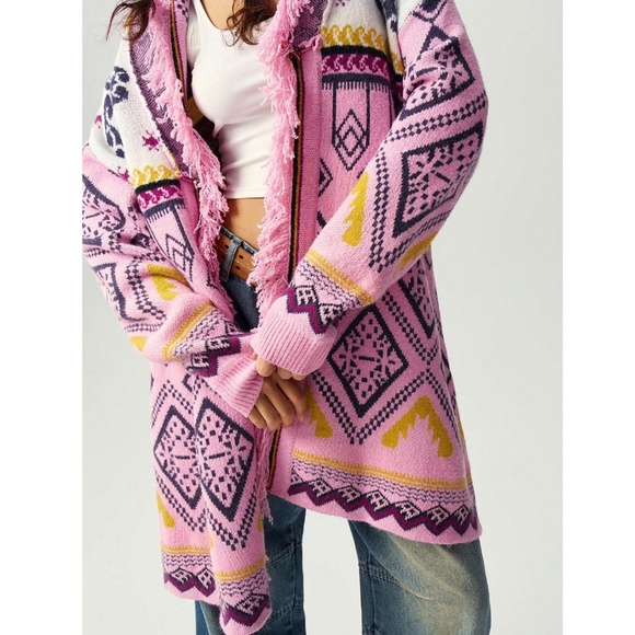 Pink Boho Open Cardigan Tassel, Fringe Detailed Geometric, Aztec Print - Picture 7 of 9